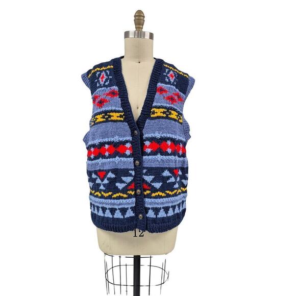 80s 90s VTG Ugly Hand Knit Wool Sweater Vest Blue/Red/Yellow Unisex  Size L OOAK - Picture 1 of 5
